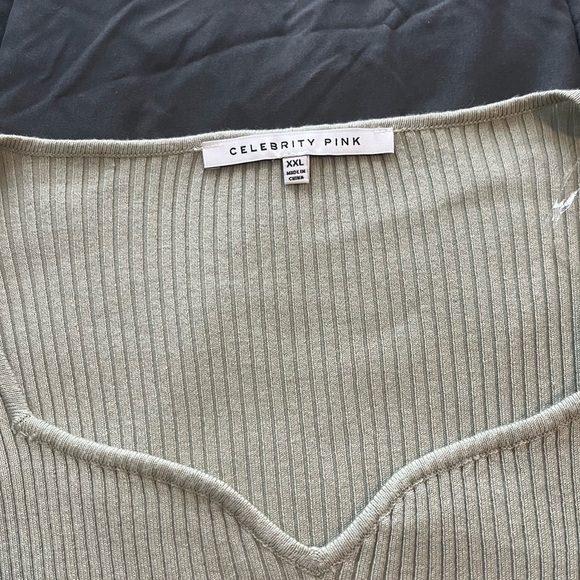 Celebrity Pink Ribbed V-Neck Top in Light Green - Picture 2 of 5